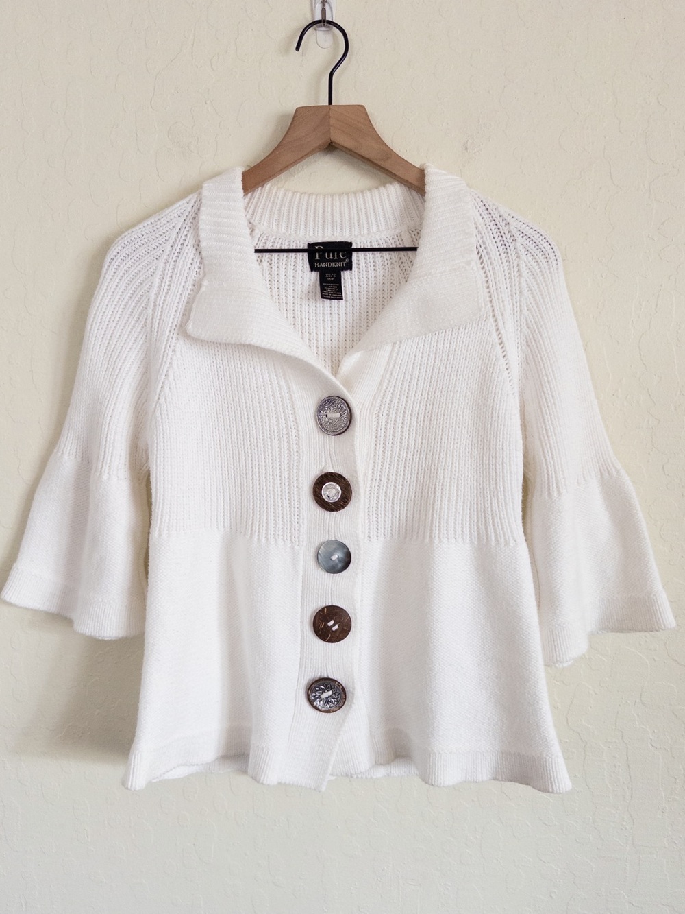 Pure Handknit 100% Cotton Mixed Button 3/4 Bell Sleeve Cardigan Sweater XS/S